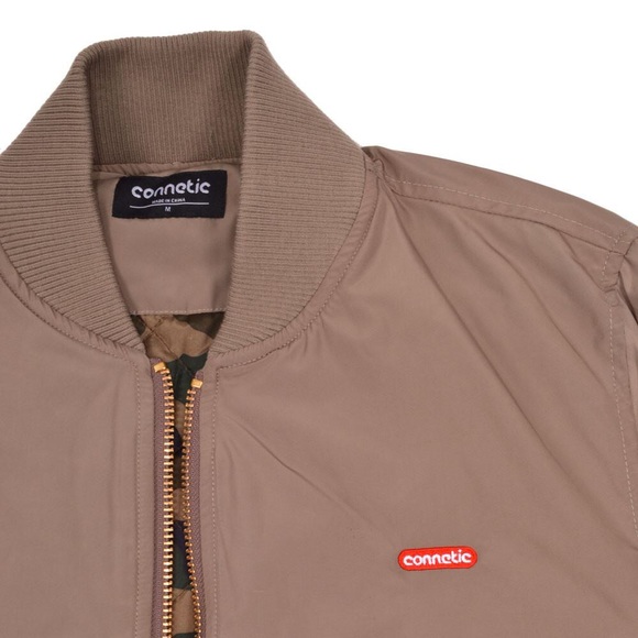 Connetic Deck Long Satin Bomber Jacket in Khaki. - Picture 3 of 3